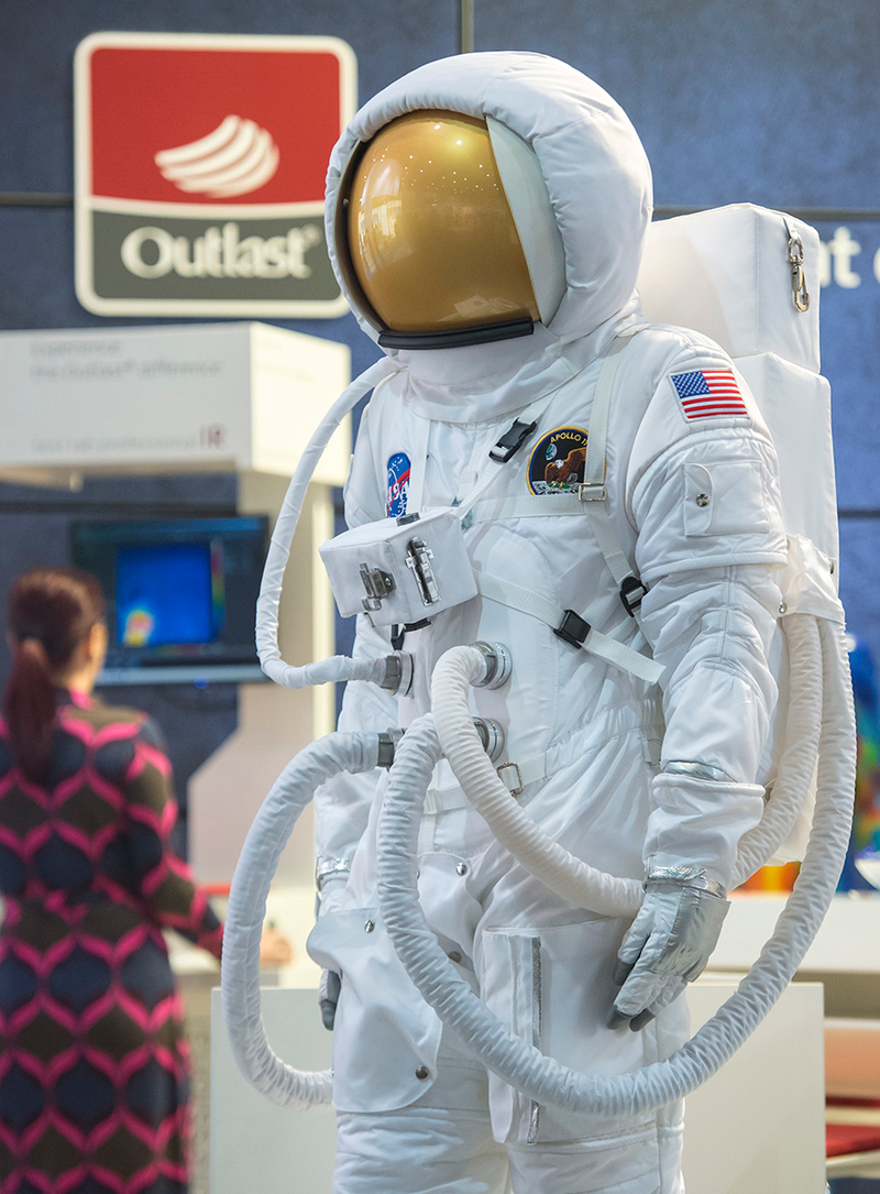 A model of a NASA spacesuit made with phase change material (PCM) displayed at the Outlast Technologies booth. The certified space technology enhances textiles by providing the benefit of proactive temperture regulation. Image: Jens Meyer/AP